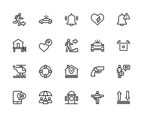 Emergency situation vector linear icons set. Contains such icons as emergency exit, police, alert, flood and more.