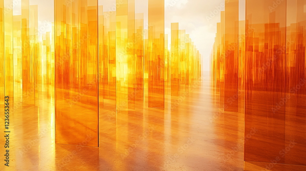 Poster amber vertical structures with transparent backgrounds reflecting sunlight, creating a warm, abstrac