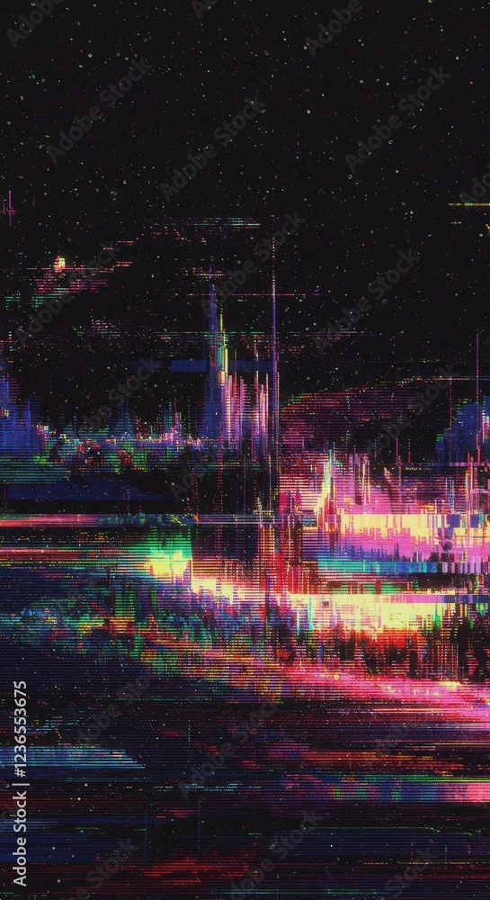 Poster abstract digital glitch art with vibrant neon colors and dynamic patterns