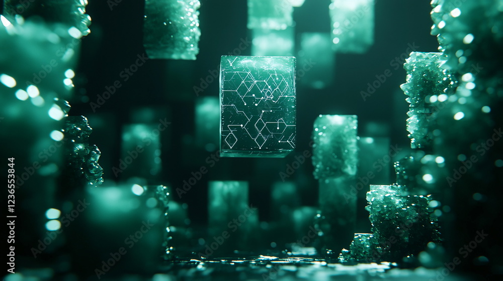 Aufkleber floating geometric patterns in a digital world surrounded by luminous green crystals creating an eth