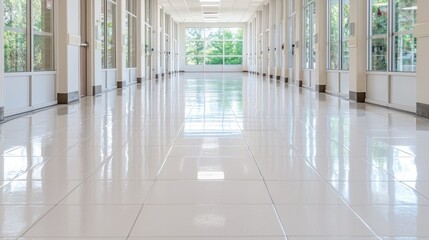 Bright hallway with tiled floor, windows showing green trees, modern architecture, ideal for corporate backgrounds