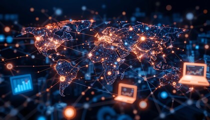 Obraz premium Global Network: A Vibrant, Interconnected World Map