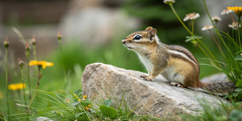 Obraz premium Charming Chipmunk Relaxing on a Rock in a Zoo Setting Under the Summer Sun