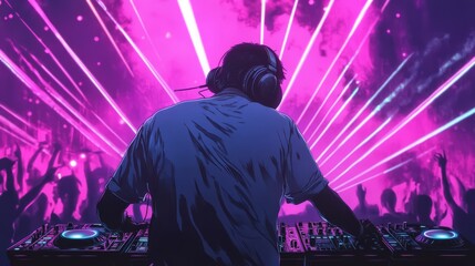 A DJ Performs At A Vibrant Concert, Bathed In Purple Laser Lights.