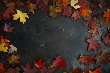 Vibrant autumn leaves framed by dark background create a perfect canvas for creative expressions and seasonal designs