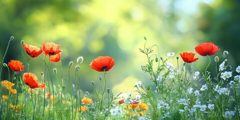 Beautiful summer landscape with a green meadow, trees, and a river on a sunny day. Panorama of a spring nature scene