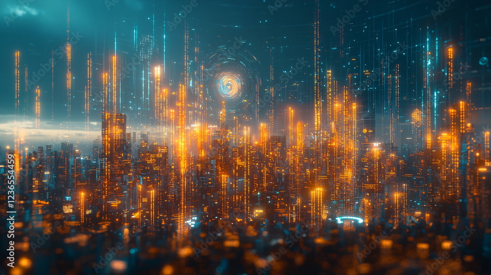 Poster glowing cityscape with vibrant orange lights and a futuristic atmosphere, surrounded by a misty back