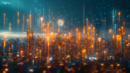 Glowing cityscape with vibrant orange lights and a futuristic atmosphere, surrounded by a misty background and digital elements creating a sense of depth and vastness.