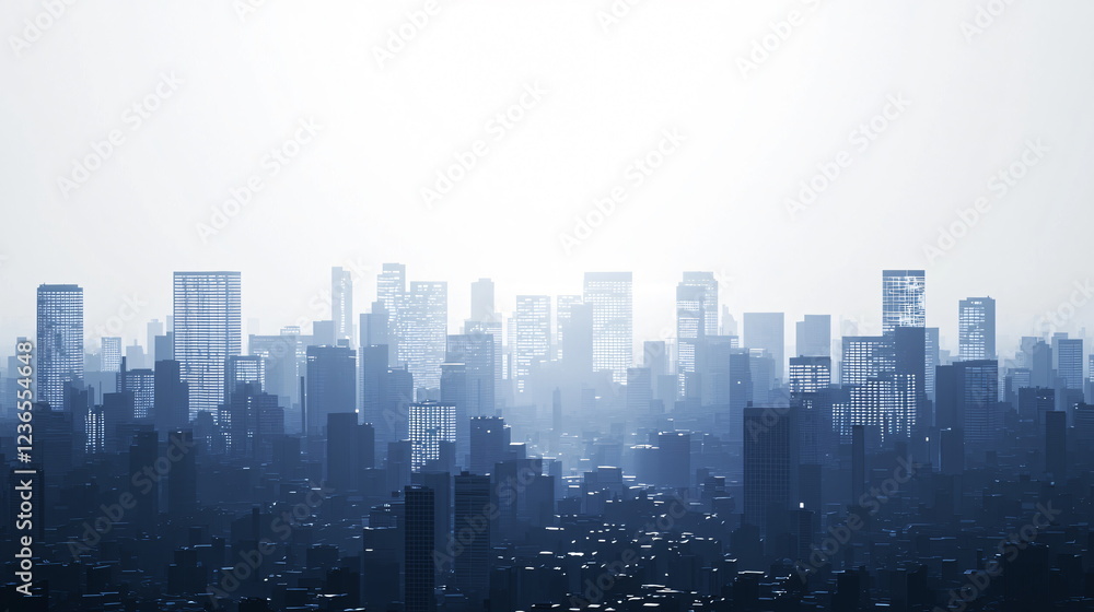 Poster Urban skyline silhouette during twilight with blurred buildings and hazy atmosphere creating a calm and serene cityscape effect in the background.