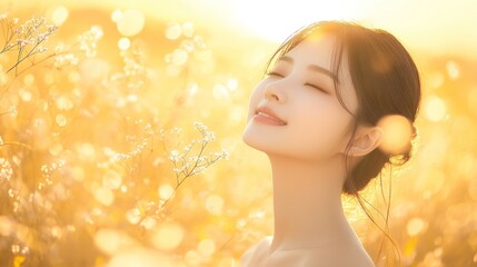 Fototapeta premium Golden Hour Serenity: A Woman Basking in Sunlight's Embrace