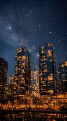 Obraz premium 16. A glowing city skyline at night, lights reflecting off glass buildings under a starry sky