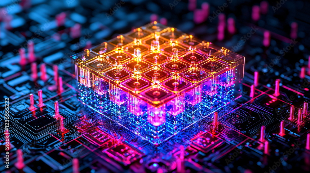Poster colorful transparent cube glowing in a futuristic digital landscape with illuminated circuits and vi