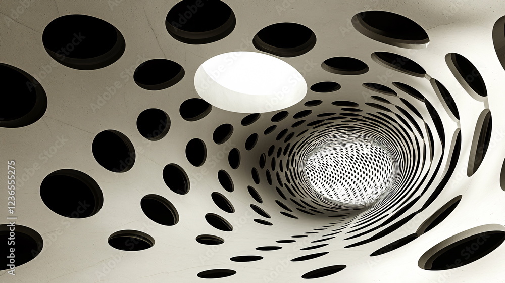 Aufkleber circular patterns swirling in a modern architectural tunnel featuring contrasting holes against a sm