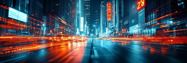 Fototapeta premium Blurred Cityscape at Night with Light Trails, Modern Urban Scene with Motion Blur Effect