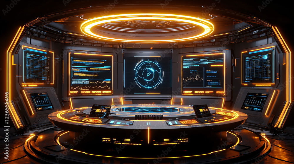 Aufkleber futuristic control room with illuminated interfaces, circular display, advanced technology, and digi