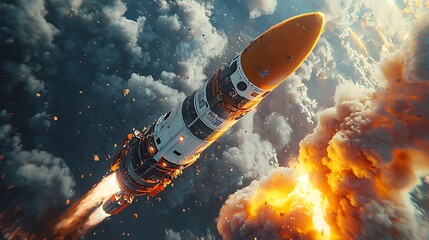 Rocket launch, fiery ascent, cloud backdrop, space exploration, stock photo