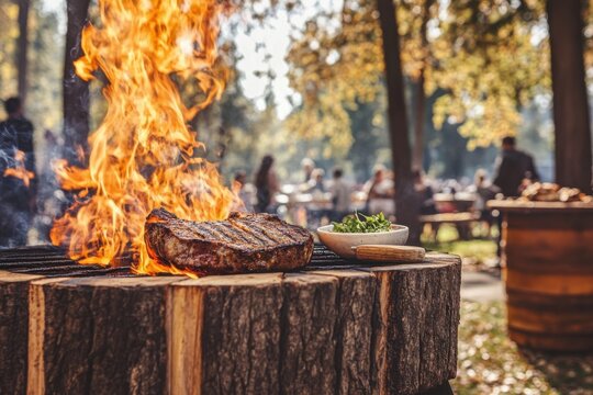 Juicy grilled steak on a parrilla with chimichurri sauce at an outdoor barbecue gathering