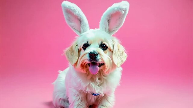 Dog in bunny suit sitting on pink background. 