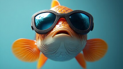 A fish wearing sunglasses with a pair of sunglasses resting on its head against a blue.
