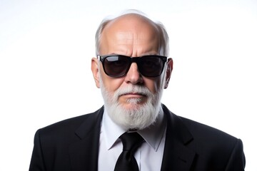 older man with white beard and mustache black suit sunglasses