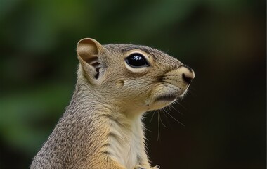 Fototapeta premium A Close-Up Portrait of a Charming and Alert Eastern Chipmunk, Its Fur Detailed, Set Against a Softly Blurred Green Background