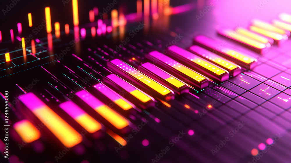 Poster vibrant graphical equalizer with colorful bars reflecting dynamic sound levels in a modern, futurist