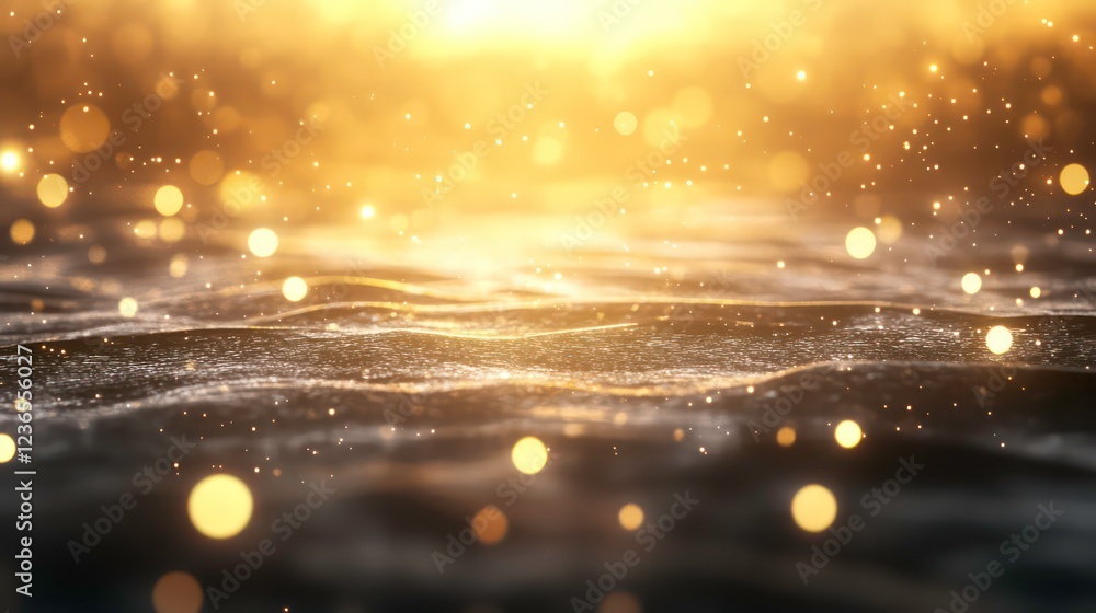 Poster Golden bokeh lights shimmering on a dark, textured surface, creating a magical, abstract background.
