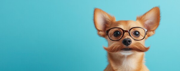Fototapeta premium Small Dog with Glasses and a Mustache on a Blue Background