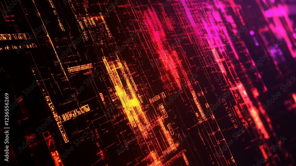 Poster abstract technology background with glowing lines and geometric shapes in red and purple