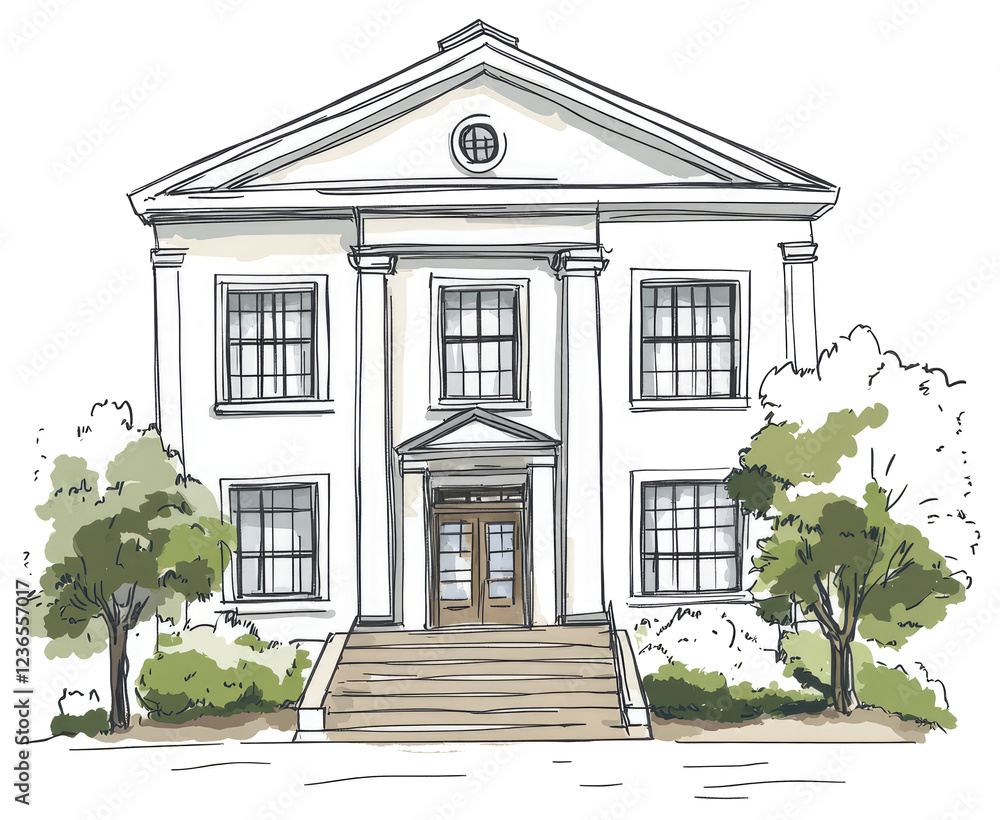 Poster elegant white building with columns and steps