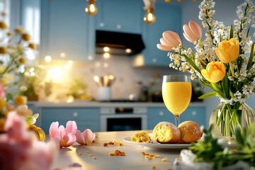A delicious Easter meal being assembled with fresh ingredients and bright flowers on the kitchen table surrounded by warm lighting creating a cozy atmosphere