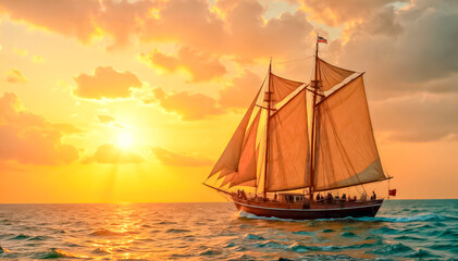 Beautiful old sailboat in sunset rays on the sea, old sailing brigantine