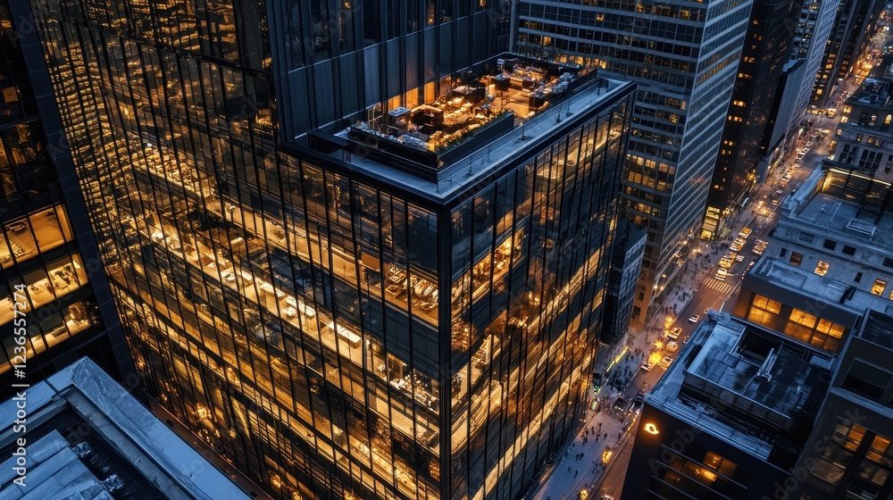 Aufkleber city skyline at dusk with illuminated modern architecture showcasing rooftop dining spaces and bustl