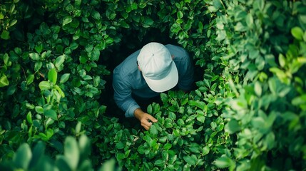 A person in a light blue shirt and white cap stands amid vibrant green foliage