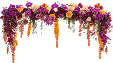 vibrant floral arch adorned with purple orchids, orange blooms, and cascading garlands, perfect for celebrations and events. arrangement exudes elegance and beauty