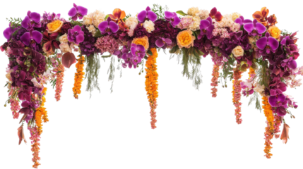 vibrant floral arch adorned with purple orchids, orange blooms, and cascading garlands, perfect for celebrations and events. arrangement exudes elegance and beauty