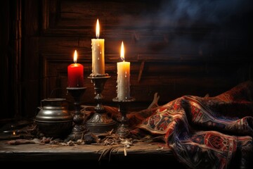Three candles burning on antique candle holders, wooden background, mystic atmosphere, for Halloween or gothic designs.