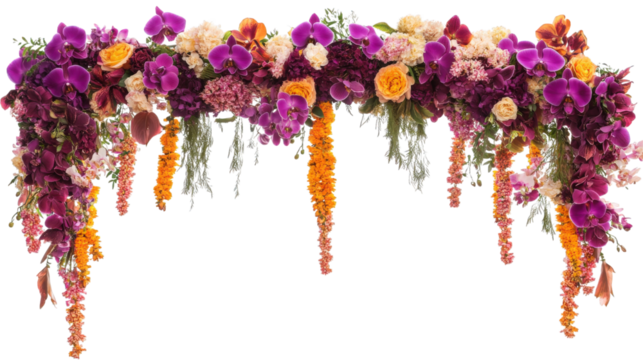 vibrant floral arch adorned with purple orchids, orange blooms, and cascading garlands, perfect for celebrations and events. arrangement exudes elegance and beauty