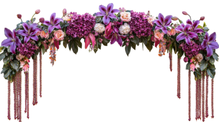 vibrant floral arch adorned with clusters of purple lilies, pink roses, and hydrangeas, creating stunning display for celebrations. cascading elements add elegance and charm