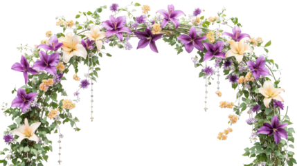 beautiful floral arch adorned with purple and white lilies, complemented by delicate greenery and small flowers, creating magical and enchanting atmosphere