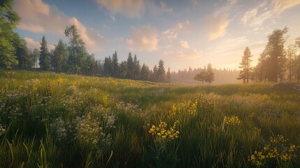 Obraz premium A serene meadow with tall grass and wildflowers under the soft glow of an early evening sky