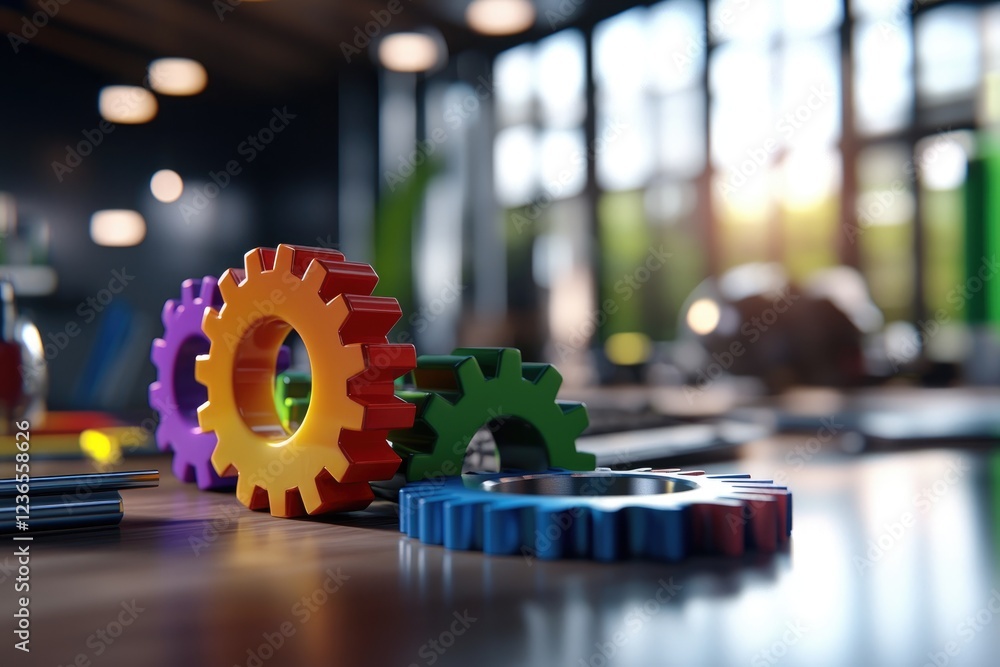 Poster diverse team collaborating in modern workspace with gears and tools illustrating innovation and team