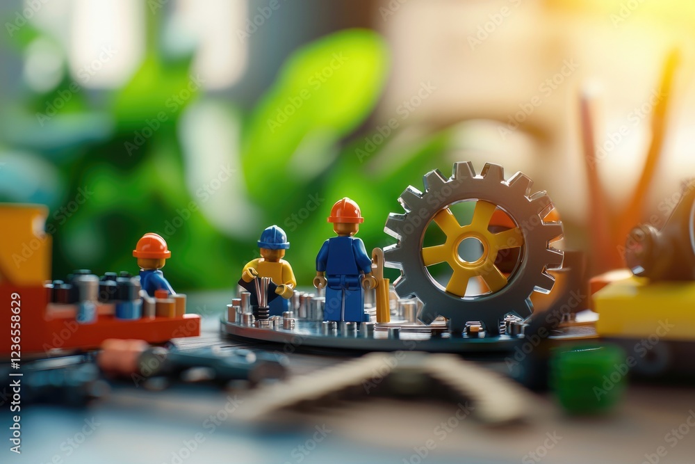 Poster diverse team collaborating in modern workspace with gears and tools illustrating innovation and team