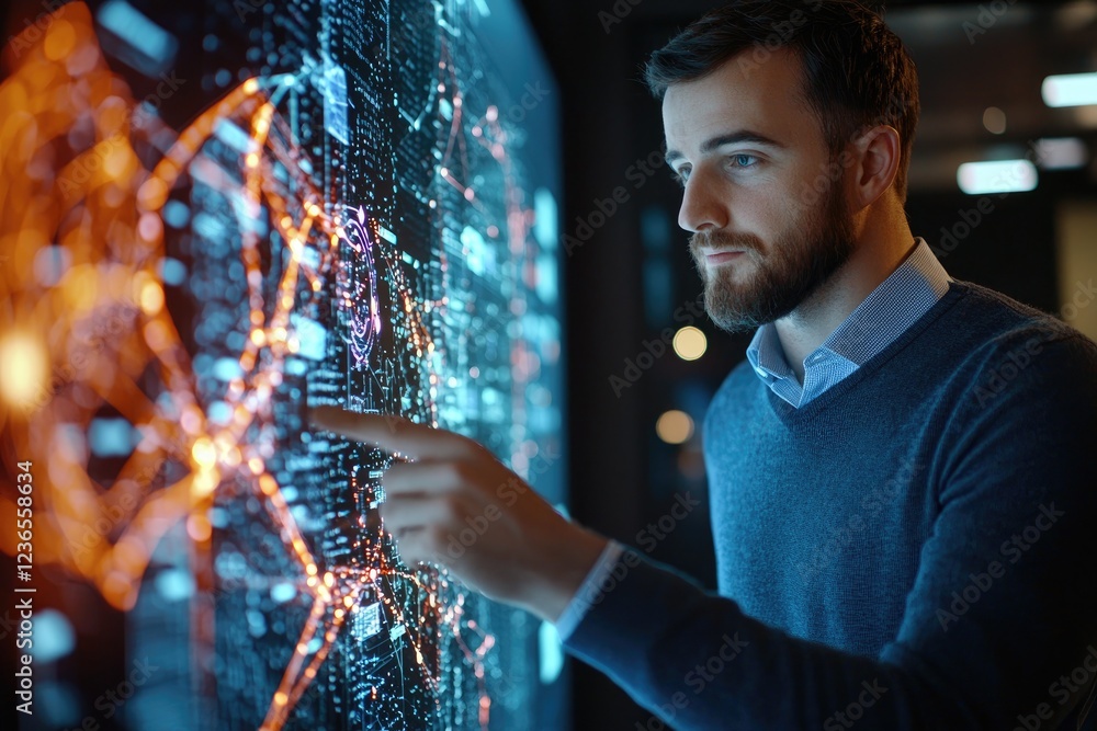 Poster businessman using technology to digitally interact with global data and information concepts in a mo