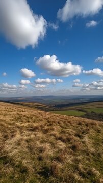 31. A sweeping view of rolling hills under a bright blue sky dotted with fluffy clouds
