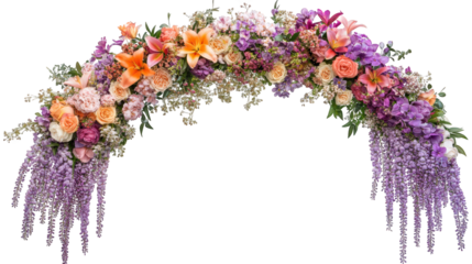 Floral arch adorned with vibrant purple and orange flowers, creating stunning display perfect for celebrations and events. ombre hues add touch of elegance and beauty