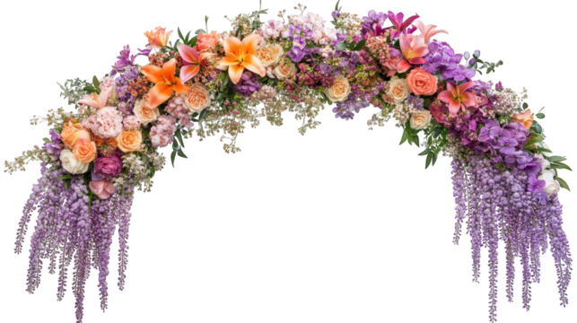 Floral arch adorned with vibrant purple and orange flowers, creating stunning display perfect for celebrations and events. ombre hues add touch of elegance and beauty