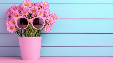 Pink flowers sunglasses pastel wood background summer