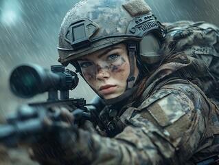 A brave female soldier confidently preparing for battle with determination and courage.
