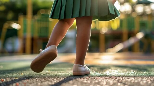 Young child playing on a playground during golden hour in a vibrant outdoor setting